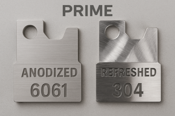 Side-by-side CNC coupons showing anodized 6061 aluminum and brushed 304 stainless steel finish.