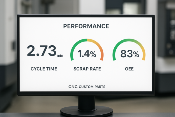 CNC performance dashboard showing cycle time, scrap rate, and OEE metrics.