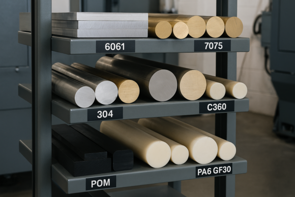 Prime raw material rack labeled with 6061, 7075, 304, C360, POM, and PA6 GF30 for CNC machining.