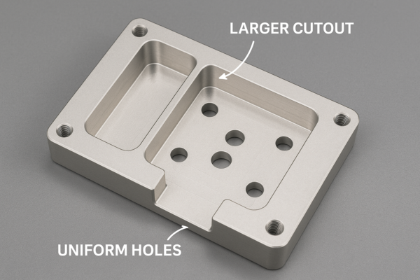 CNC machined enclosure with DFM improvements showing larger cutout and uniform holes.