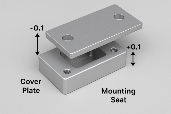 CNC machined mounting seat and cover plate with annotated tolerance stack-up.