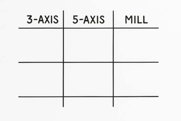 Whiteboard matrix comparing 3-axis, 5-axis, and milling turnaround counts.