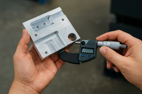 CNC metal part measured with a calibrated three-point micrometer.