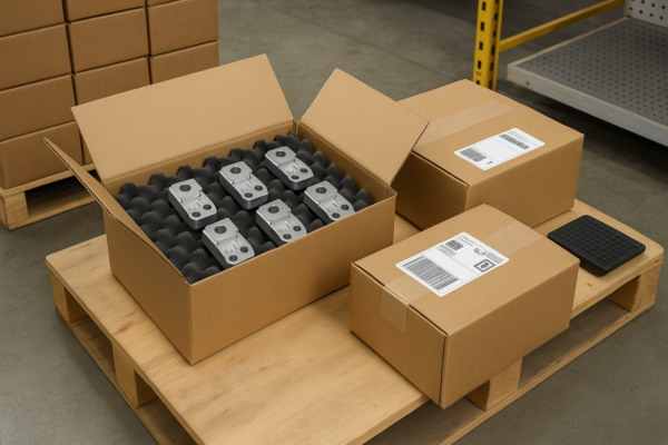 Export packaging line with foam-filled boxes, barcodes, and stacked cartons for CNC parts.