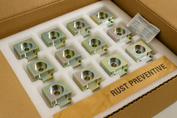 Foam tray with galvanized CNC metal parts, desiccant, and anti-rust packaging.
