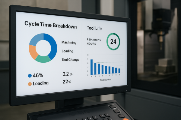 CNC operator screen showing cycle time breakdown and tool life dashboard.