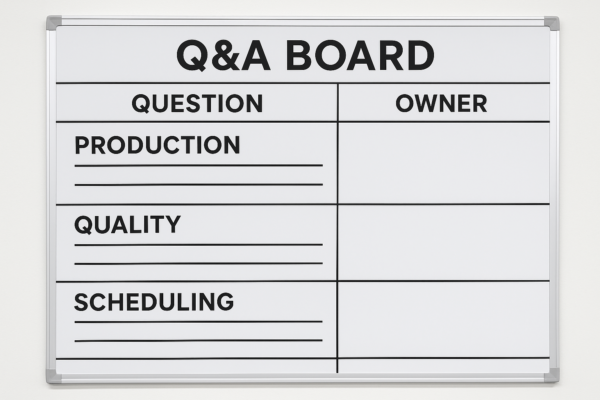 FAQ board for CNC custom metal parts with grouped questions and owners.