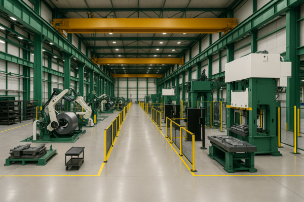 Prime workshop overview for custom metal stamping dies—progressive-die press cells with coil uncoilers/straighteners/servo feeders and in-press inspection lanes with guarded camera stations; clean floor, overhead cranes; no people, no text.