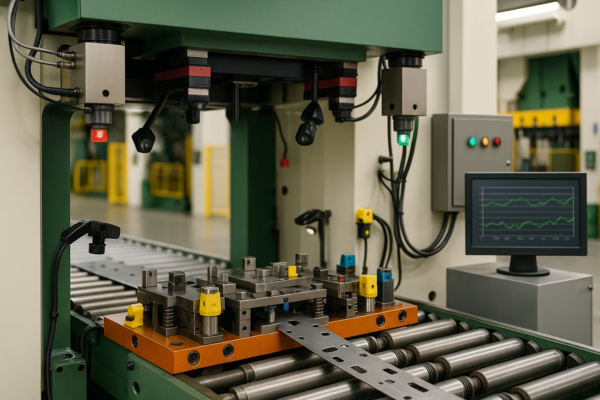 Progressive stamping line with embedded sensors and quick-change plug-in die modules for Cp/Cpk control—laser/vision sensors, tonnage/pressure transducers, and an SPC monitor showing trend lines; no people, no text.