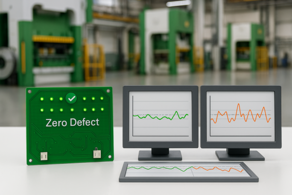Zero-defect PCB beside dual run-chart displays comparing progressive-line stability (smooth green trend) versus single-stage stability (noisier orange trend); unlabeled axes; no people, no text.