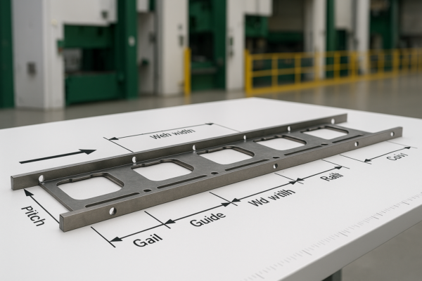 Progressive die strip layout with clear annotations for pitch, side guide rails, web width, and coil width; feed direction arrow shown; no people, no text.