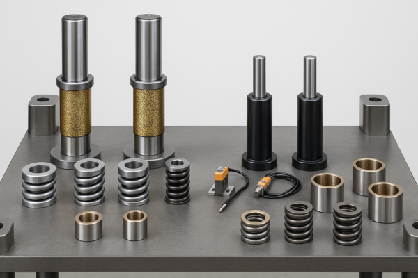 Custom stamping die parts rack—guide posts, bushings, gas springs, compression springs, and sensors neatly arranged for assembly; no people, no text.