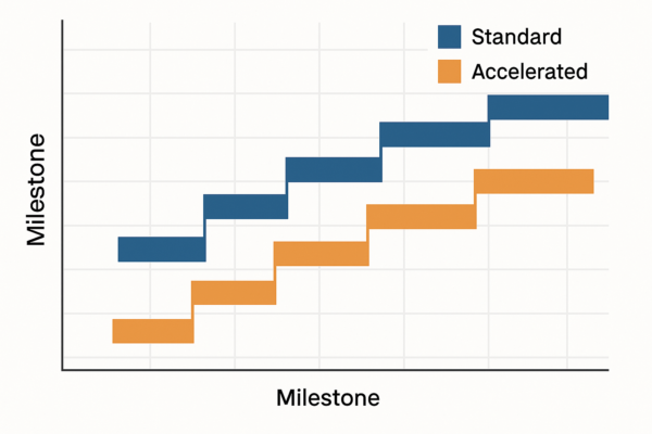 Gantt-style milestone chart for custom stamping die project—stair-step bars show standard (blue) and accelerated (orange) schedules overlaid; no people, no text.