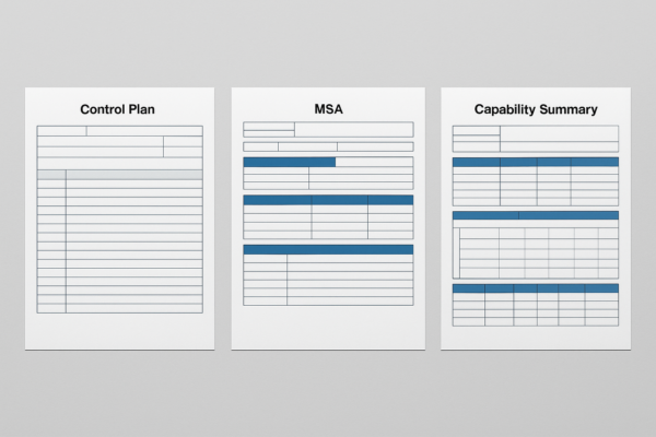 PPAP Level 3 sample package for custom stamping dies—three documents displayed: Control Plan, MSA, and Capability Summary; no people, no text beyond headings.