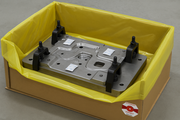 Export packaging demonstration for a custom stamping die—industrial part secured with bolt clamps inside a box lined with VCI film, desiccant packets placed on top, and an external impact indicator label visible; no people, no text.