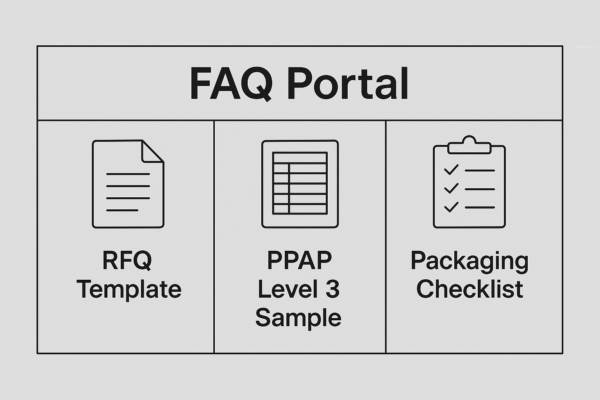 FAQ portal interface for custom stamping dies—three sections displayed: RFQ Template, PPAP Level 3 Sample, and Packaging Checklist; clean icons and labels; no people, no extra text.