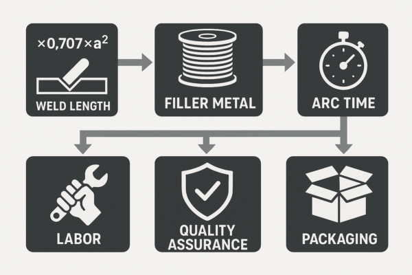 Infographic illustrating the welding process chain: weld length formula leading to filler metal, deposition rate, arc time, followed by labor, quality assurance, and packaging. Icons represent each stage in a clean, industrial style without people or text.