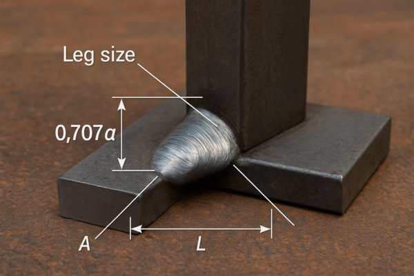 Realistic image of a fillet weld joint between two steel plates with dimension arrows indicating leg size a, effective throat 0.707a, and weld length L.
