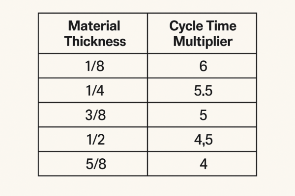 Visualization table showing relationship between material thickness step sizes and cycle time multipliers for custom metal welding parts.