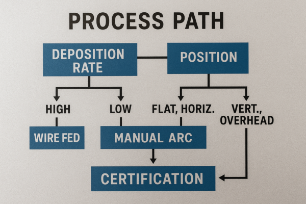 Process path diagram for custom metal welding parts, showing selection steps by deposition rate and welding position, ending with certification stage.