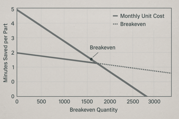 Line chart showing minutes saved per part versus monthly unit cost, highlighting the breakeven quantity for custom metal welding parts.