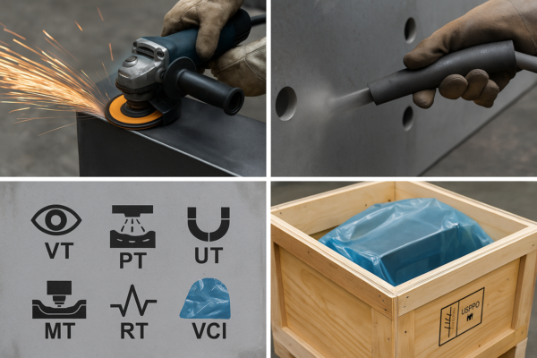 Photo storyboard of custom metal welding parts processes: grinding sparks on steel, blasting surface cleaning, NDT inspection icons (VT, PT, MT, UT, RT, VCI), and export crate with ISPM-15 stamp containing a VCI-wrapped part.