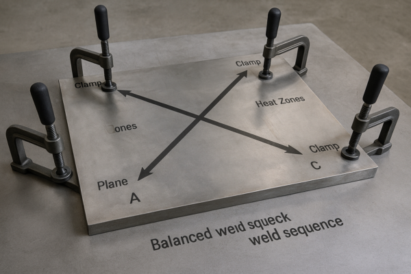 Realistic fixture plan for custom metal welding parts showing a metal plate clamped at heat zones, datum planes A, B, and C marked, and arrows indicating a balanced weld sequence.