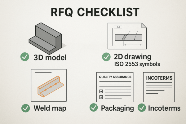 RFQ checklist infographic for custom metal welding parts showing six items: 3D model, 2D drawing with ISO 2553 symbols, weld map, QA plan, packaging, and Incoterms, each represented by icons with check marks.