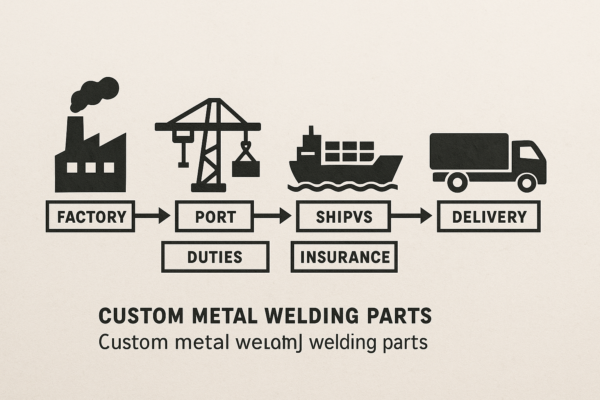 Realistic flow map of custom metal welding parts logistics showing stages: factory → port → vessel → port → truck, with boxes representing duties, freight, insurance, customs, and delivery.
