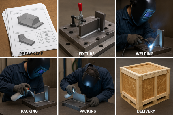 Storyboard of custom metal welding parts production steps: RFQ package, fixture setup, welding, NDT inspection, packaging in export crate, and delivery by truck.