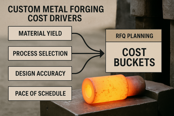 Infographic of custom metal forging cost drivers—material yield, process selection, design accuracy, and schedule pace—mapped with arrows into RFQ planning cost buckets, with a glowing forged metal cylinder in the background.