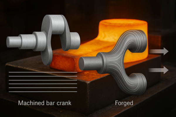 Industrial illustration showing grain flow comparison between a forged crankshaft and a bar stock machined crankshaft, with arrows indicating reduction ratio effect on fatigue life. The background features a glowing forged billet on a press surface, emphasizing real production context.