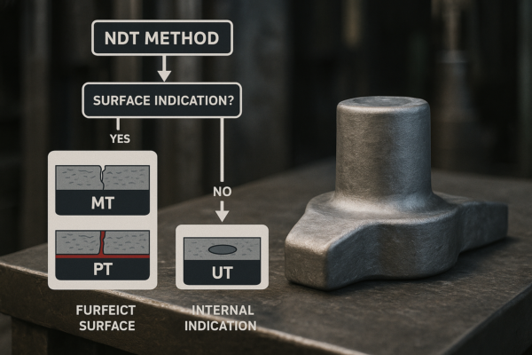 Industrial cross-sectional visualization of NDT methods on a forged metal component. MT highlights ferritic surface inspection, PT shows cracks on austenitic surfaces, and UT illustrates detection of internal flaws. The decision-tree layout connects each method to its respective zone, with the forged part placed on a workshop press table.