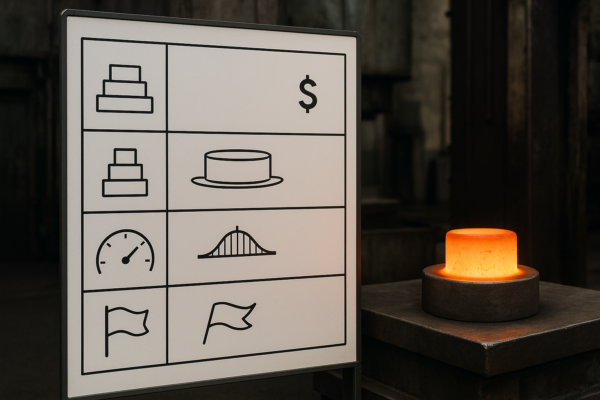 Industrial production planning board for custom metal forging showing batch size, furnace load, pressure window, and acceleration flags. A dollar symbol is displayed near the partial furnace load zone to represent cost impact. A glowing forged billet rests on a press table in the workshop background.