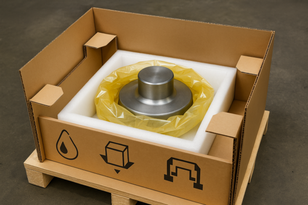 Export-ready packaging of a custom metal forged component using VCI wrapping, foam cushioning, double-wall cardboard, corner protection, and pallet support. Icons on the carton indicate humidity, drop, and clamp testing for shipping validation.