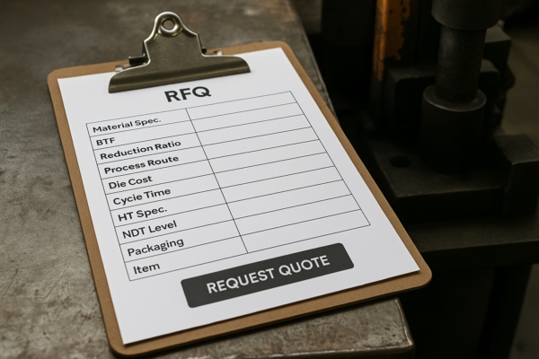One-page RFQ template mockup for custom metal forged parts displayed on a clipboard in a workshop. The form includes fields for material specification, BTF, reduction ratio, process route, tooling cost, cycle time, heat treatment specification, NDT level, packaging, and project, with a CTA request quote button at the bottom. A forged billet and press equipment provide realistic production context.
