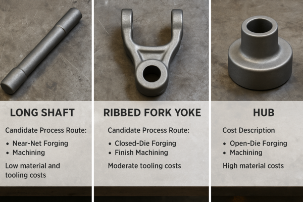 Case study panel image of three custom metal forged parts: a long shaft, a ribbed fork-shaped yoke, and a hub. Each section illustrates candidate process routes and indicative cost factors, displayed against a realistic industrial metal surface background.