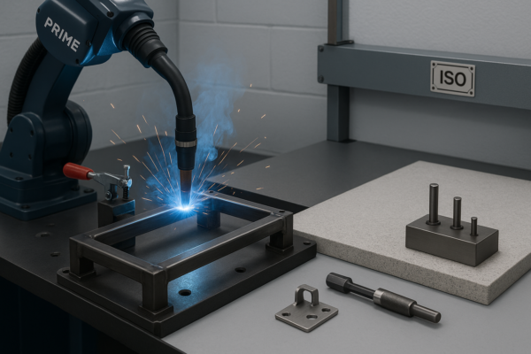 Robotic MIG welding unit working on a 4mm custom metal frame with fixture pins, go/no-go gauge on inspection table, and ISO markings on equipment.