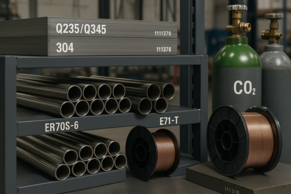 Material rack for custom metal welding parts with Q235/Q345 steel plates, 304 stainless steel pipes, ER70S-6 solid wires, E71T-1 flux-cored wires, and Ar-CO2 and CO2 gas cylinders, showing visible heat numbers.