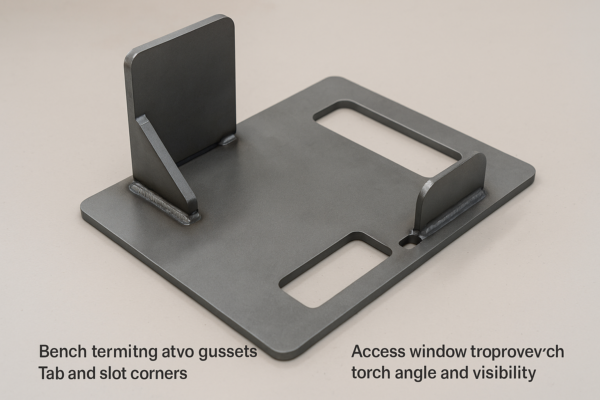 DFW sample plate for custom metal welding parts with bent bracket replacing two sectors, tab-and-slot corners, and access windows for improved torch angle and visibility.