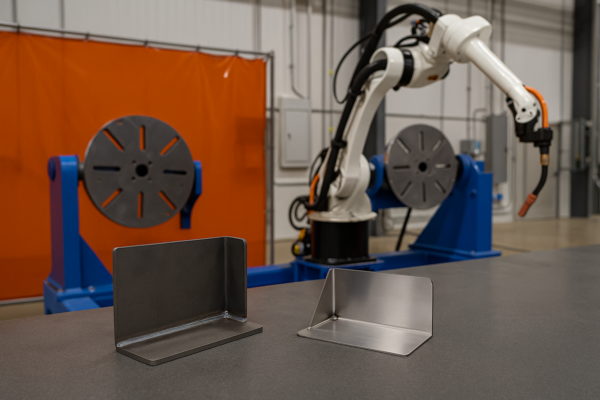 Side-by-side welding process plate showing MIG corner weld on 4mm steel bracket, TIG corner weld on 1.5mm stainless steel cover, with a six-axis robotic welder and dual-positioner in the background.