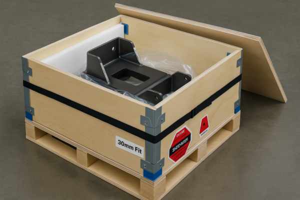 Export packaging example for custom metal welding parts with 30mm foam, VCI protection, belt strapping, corner guards, and impact/tilt indicators.