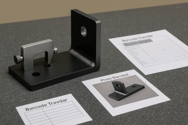 Final inspection unit for custom metal welding parts with slicing gauge, barcode work card, and photographic standard of weld beads and painted surfaces before packaging.