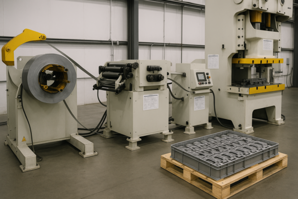 A high-resolution image of a metal stamping production line featuring an uncoiler, straightener, servo feeder, and large stamping press arranged in sequence. Finished stamped parts are stacked neatly on a pallet at the end of the line, with standard operation instructions posted at each workstation. No people or text appear in the scene.