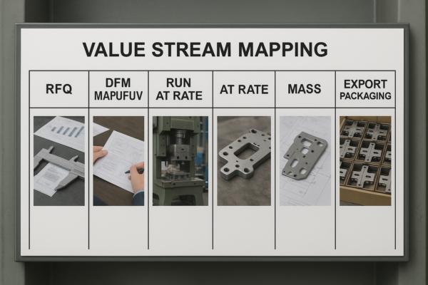 A high-resolution image of a value stream mapping board mounted on a stamping press, showing the sequential process steps: RFQ, DFM Review, Tooling Manufacture, Run at Rate, PPAP, Mass Production, and Export Packaging. Each stage has a fixed photo representing its operation. No people or unrelated text are included, only the labeled process flow.