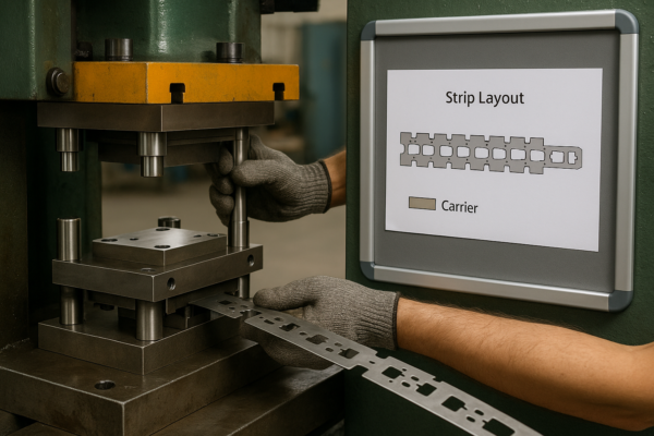 A high-resolution image of a custom metal stamping press side setup. The die is aligned with guiding posts, while a strip layout diagram is fixed on a magnetic board next to the press. The carrier strip is highlighted for strength checking. Industrial environment with metallic surfaces, no people or unrelated text in the scene.