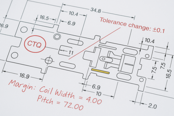 A high-resolution image of an engineering drawing sheet for a custom metal stamping part. The CAD drawing includes red markup annotations with a circled CTQ, tolerance change marked as ±0.1, and margin notes specifying coil width and pitch.