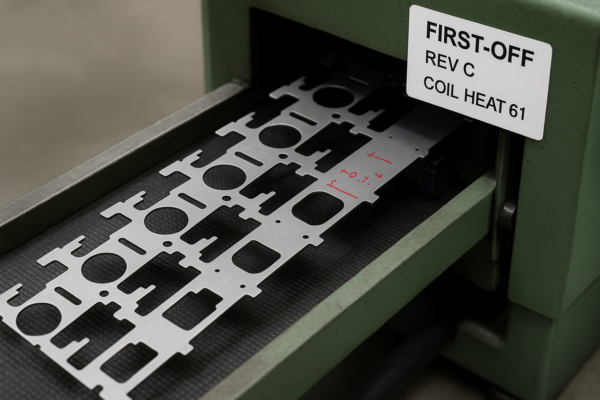 A high-resolution image of custom metal stamping parts on a conveyor during the first strip-off. The carrier strip remains intact, the guiding device is engaged, and a label shows revision version “REV C” and coil heat number.