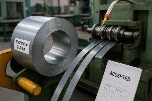 A high-resolution image of a metal coil slitting process for custom stamping. The coil is slit into narrow strips aligned with strip pitch, with lubrication nozzles visible near the straightener. A label on the coil shows the strip width in millimeters.