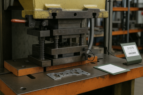 A high-resolution image of a stamping press setup showing the SMED sequence. Quick clamps secure the tooling, preset shims are in place, sensors are idling for testing, and the first-off stamped part is displayed on a board with an ink stamp cover.